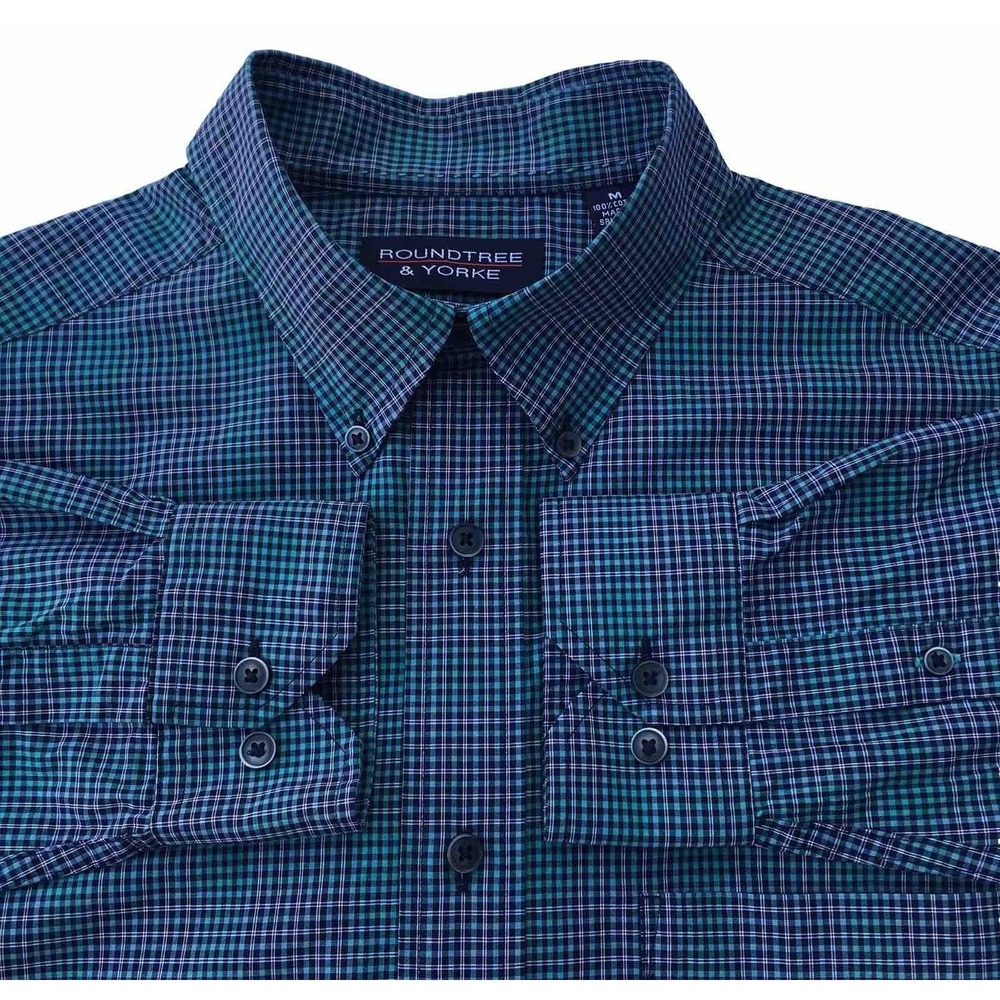 Roundtree & Yorke Dress Shirt Mens Medium Green Plaid Long Sleeves Button Down